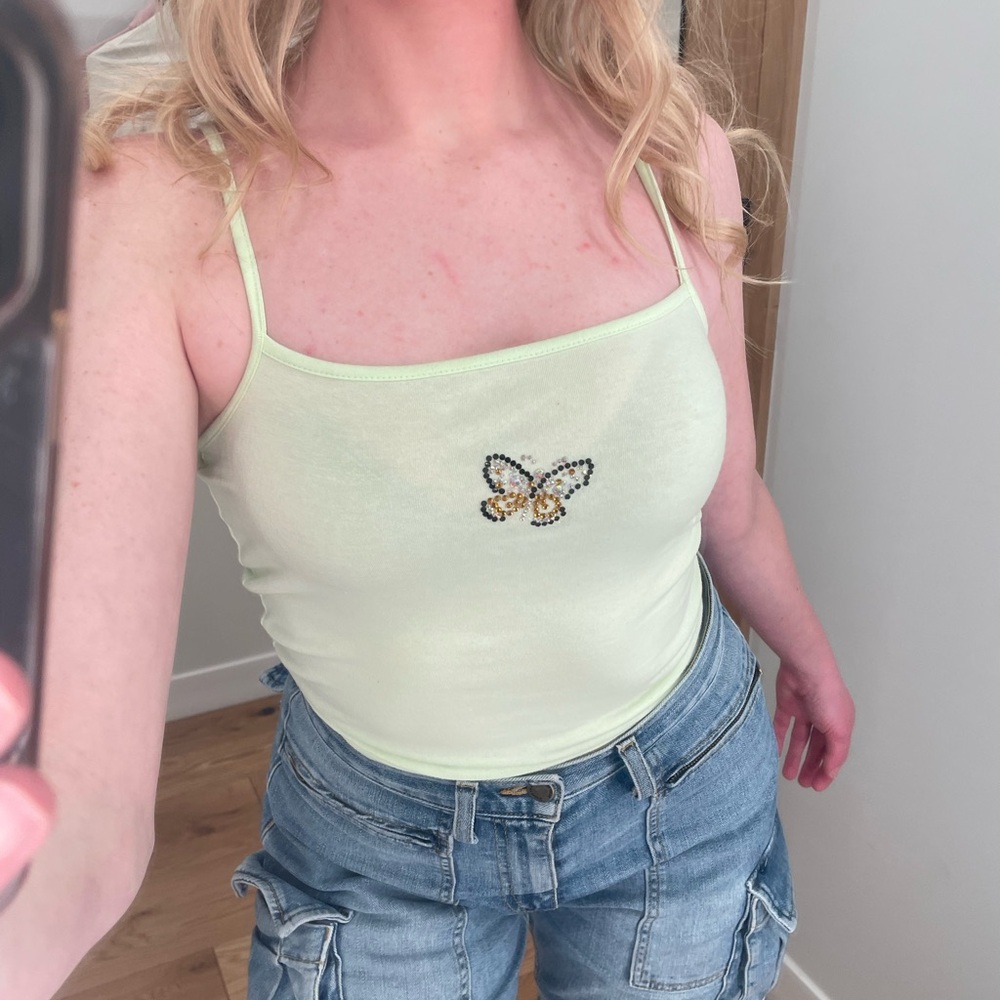 Butterfly Bedazzled Light Green Tank Top